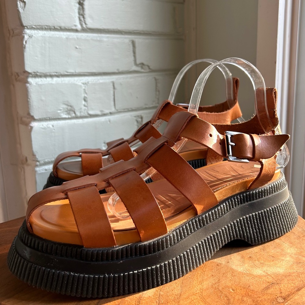 Ganni Creeper Grid Platform‎ Fisherman Sandals Tannin 41 US 11 Chunky Vacation